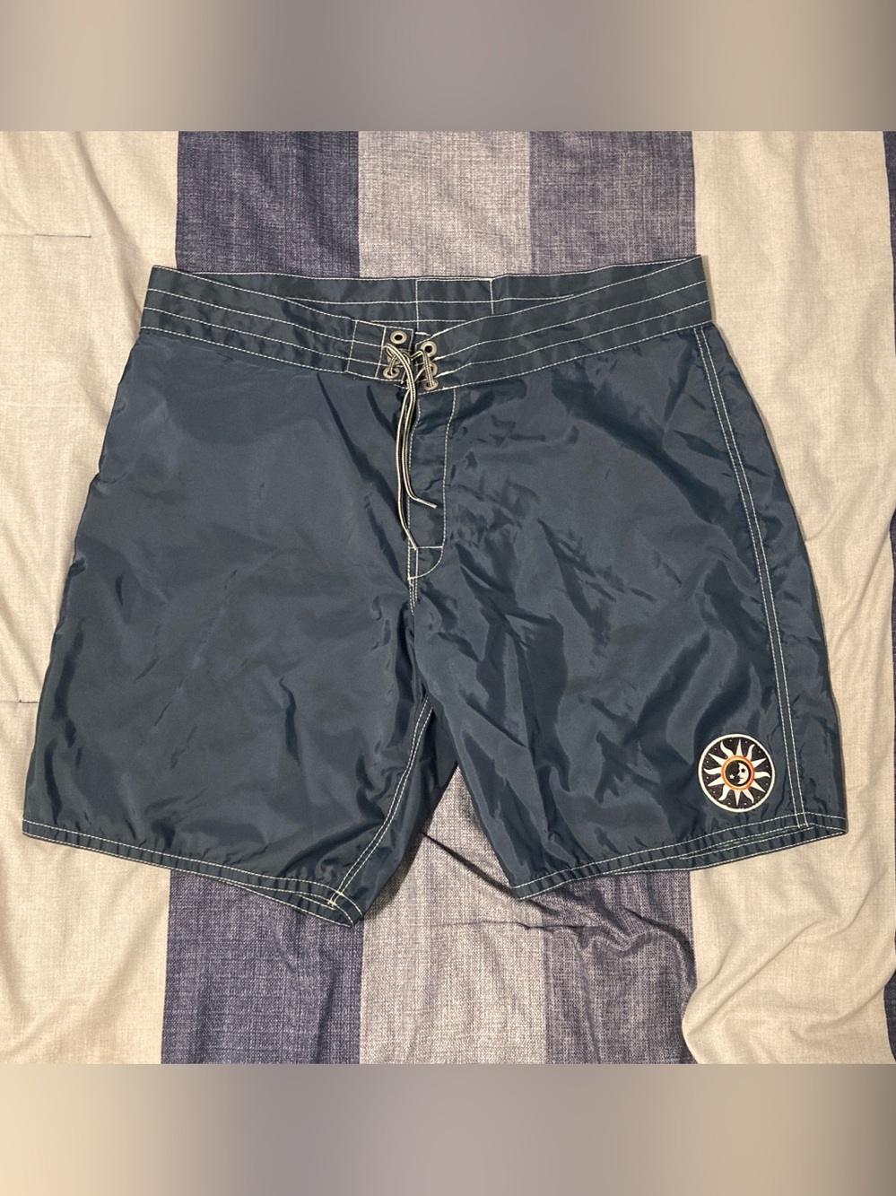 Birdwell Beach Britches Mens Swim Shorts Sz 38 Sun Logo Navy Blue 9”